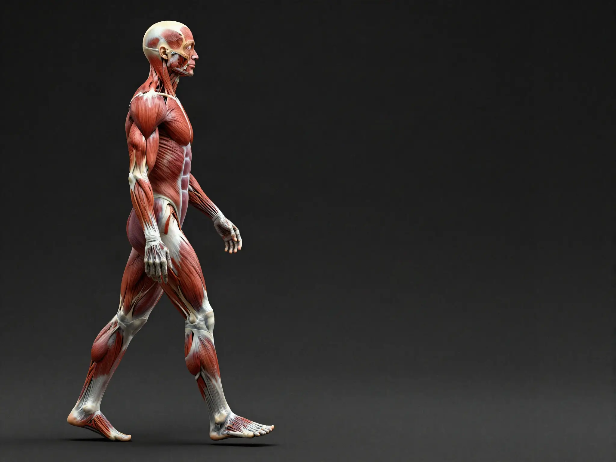 Illustration anatomique du corps humain, vue de profil, système musculaire complet